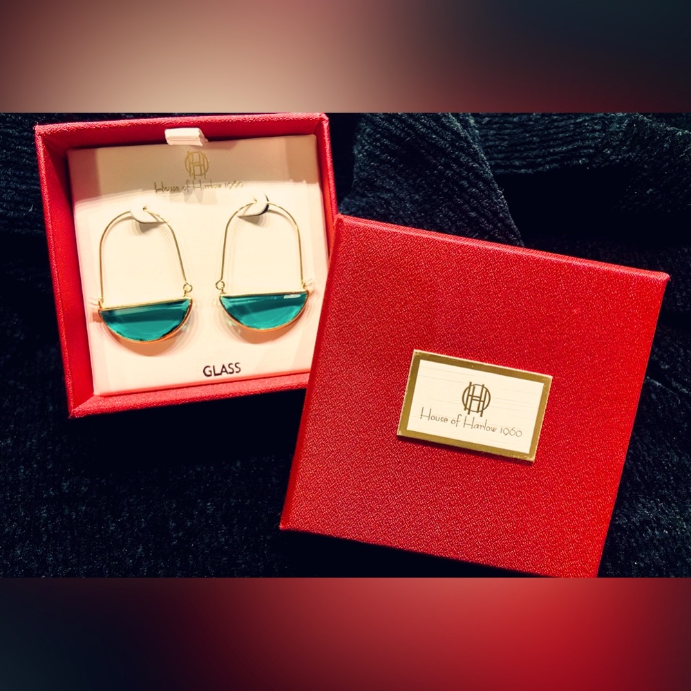 House of Harlow 1960 Glass Half Moon Dangle Green Glass Earrings NEW IN BOX